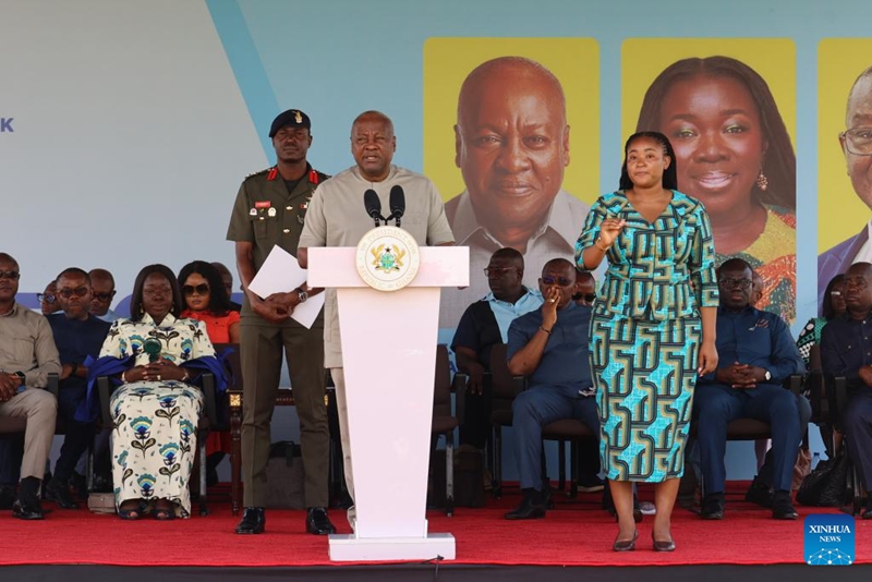 Rais wa Ghana John Dramani Mahama akitoa hotuba kwenye maonyesho ya teknolojia ya kilimo, Accra, Ghana, Machi 17, 2026. (Xinhua/Seth)